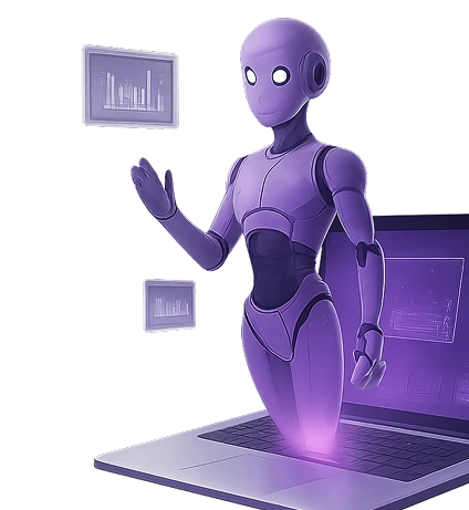 Ноутбук с голографией робота и карточками аналитики