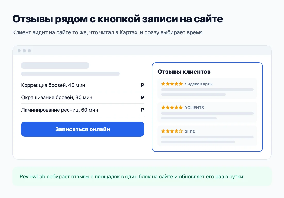 Страница записи на сайте: кнопка и блок отзывов с Яндекс Карт, 2ГИС и YCLIENTS Страница записи на сайте: кнопка и блок отзывов с Яндекс Карт, 2ГИС и YCLIENTS